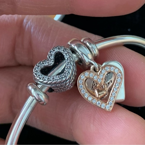 Pandora Open Bangle Charms Bracelet w/ 2 Hearts Pandora Charms & 2 Stoppers EUC - Picture 2 of 16